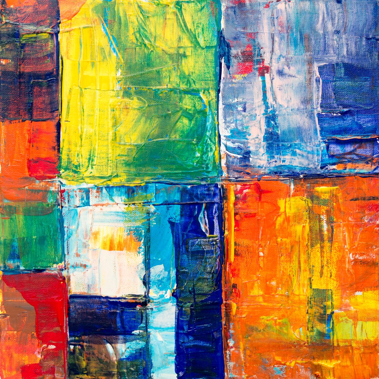 A colorful abstract art print with bold blocks of paint and texture.